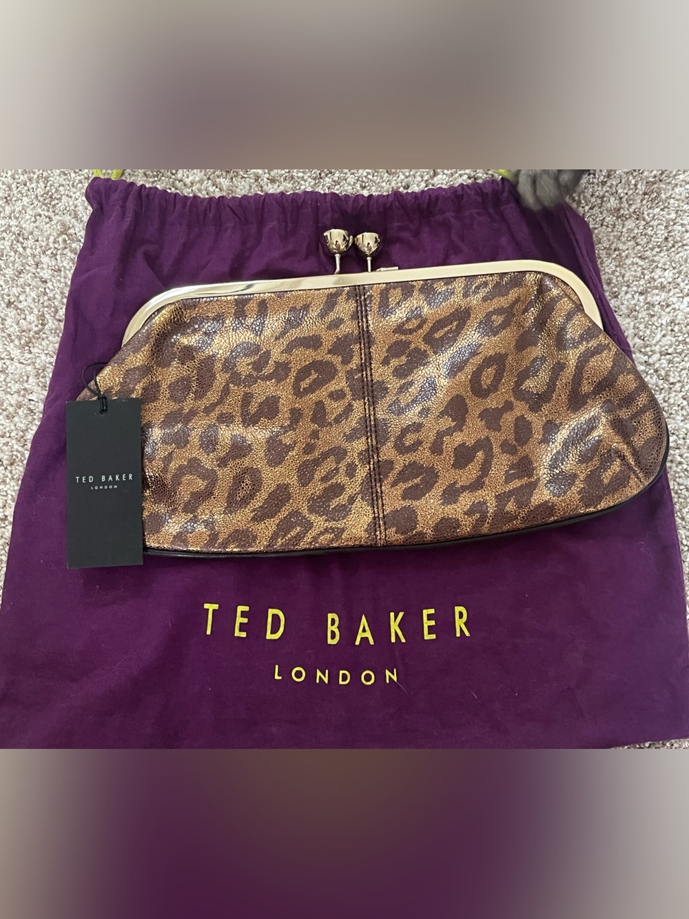 Ted Baker Metallic Leopard Print Clutch in Brown and Gold
